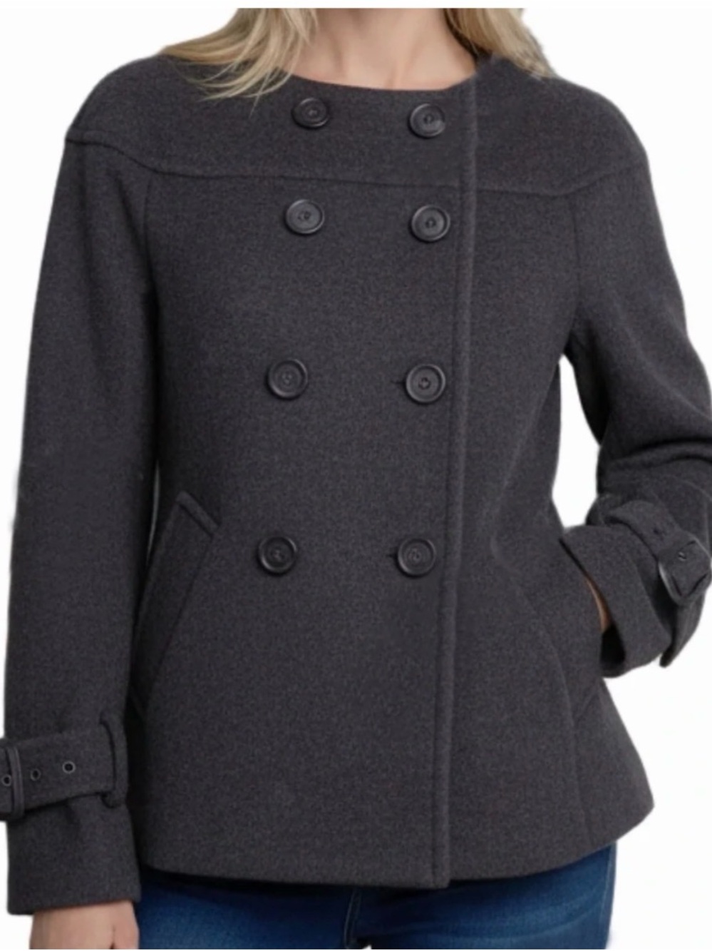 BCBG MAXAZRIA Double-Breasted Wool Blend Peacoat